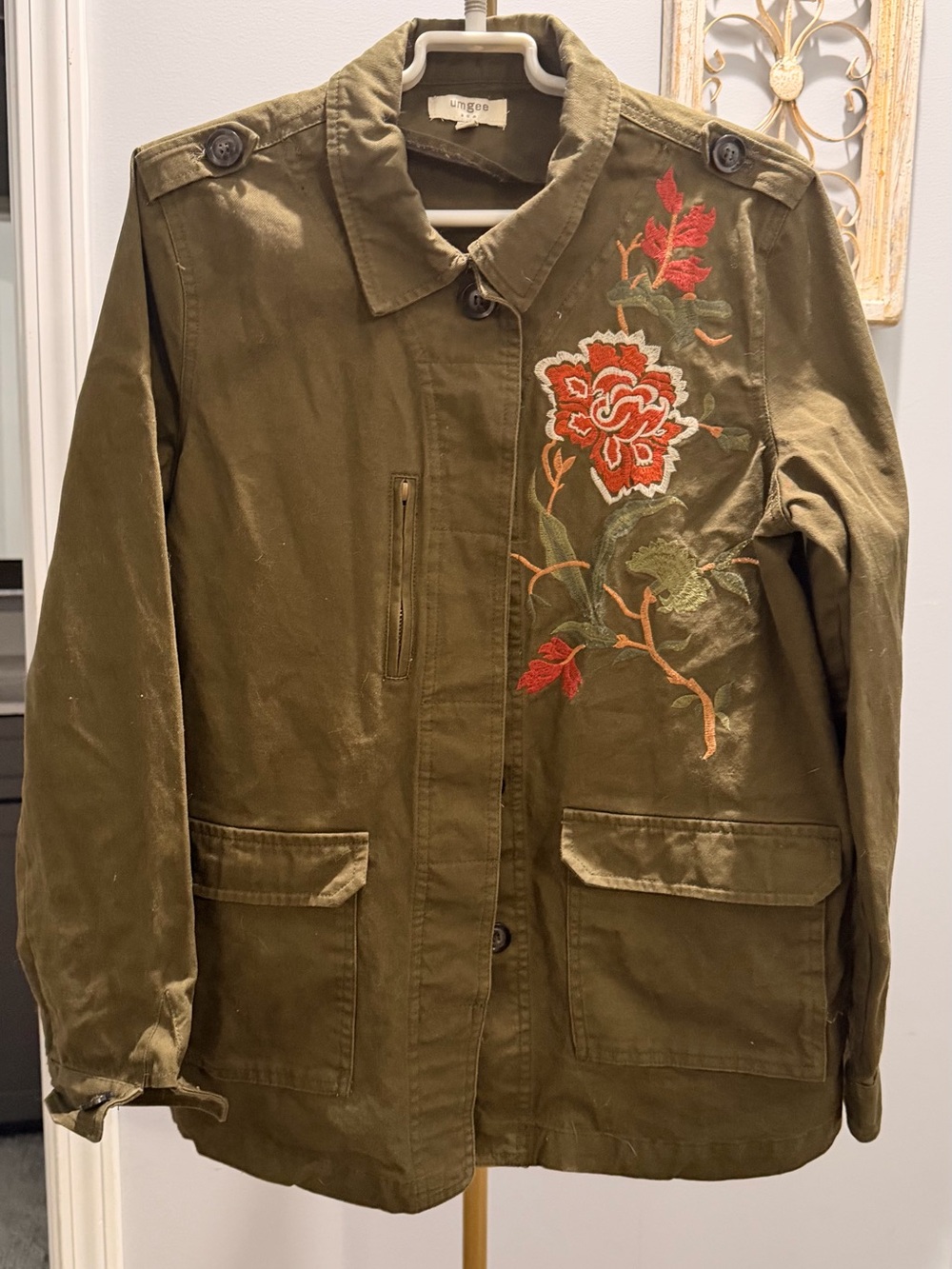 Umgee Olive Green Utility Jacket with Red Floral Embroidery